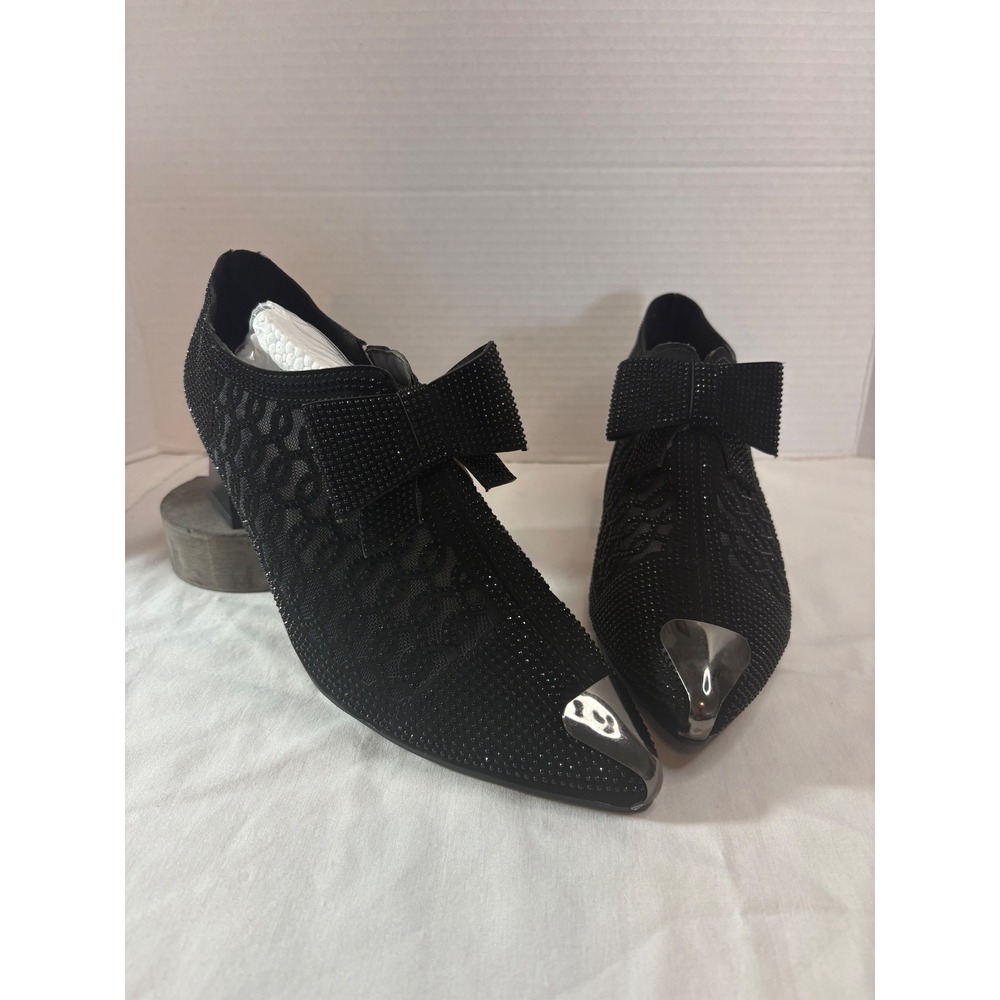 Fashion Black Rhinestone‎ Bow Mesh Pumps Pointed Toe Metallic Cap Block Heel 41